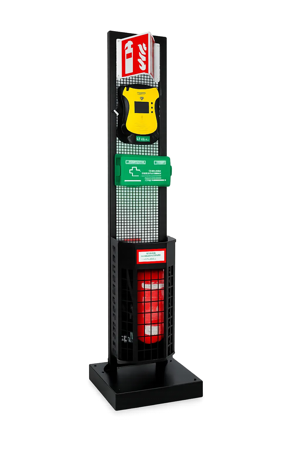 Rescue Point Sicherheitsstation von FLS Systems mit Feuerlöscher, Defibrillator und Erste-Hilfe-Ausstattung